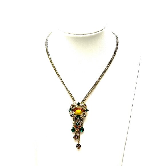 1940s Austrian Crystal Y Necklace Herringbone Chain — Miriam Haskell Style — EUC - Picture 2 of 10